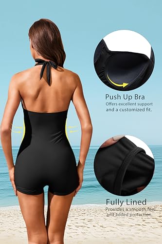 Image of Tempt Me Women Tummy Control One Piece Swimsuits with Shorts Boyleg Retro Bathing Suit Halter Swimwear