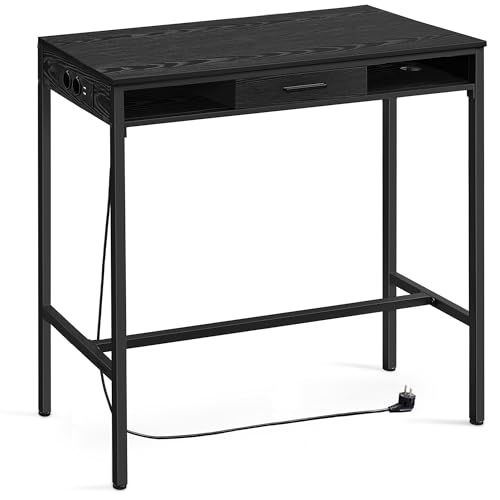 VASAGLE Bartisch, Schreibtisch, Stehtisch mit AC-Steckdosen und USB-Anschlüssen, Arbeitstisch mit Flexibler Schublade, 40 x 120 x 105 cm, für Schlafzimmer, Wohnzimmer, ebenholzschwarz LBT029B02V1