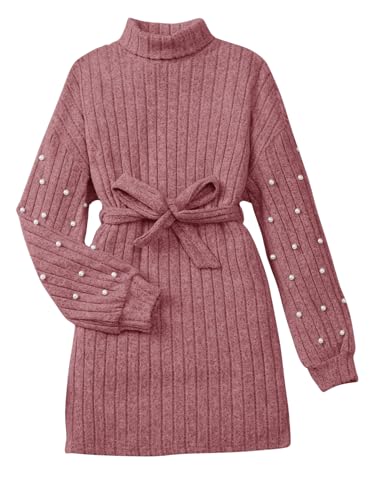 SHENHE Girl's Turtleneck Pearl Beaded Ribbed Sweater Dress Long Sleeve Belted Knit Dress