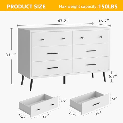 DWVO White 6-Drawer Dresser, Modern Wooden Chest of Drawers with Black Metal Handles & Anti-Tip Safety, Stylish Storage Cabinet for Bedroom, Living Room, Hallway, or Entryway