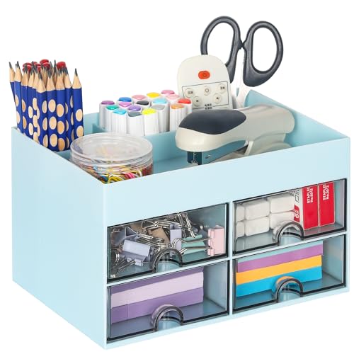 TQVAI Organizer Scrivania, Plastica Multifunzionale Portaoggetti Portapenne da Scrivania Organizzatore Scrivania con 4 Cassetti e 3 Scomparti per Scuola, Casa, Ufficio Cancelleria, Blu