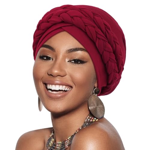 Image of DRESHOW African Women Turban Caps Beanie Twist Headscarf Pre-Tied Double Twisted Braid Hair Cover Wrap Hat Chemo Cancer Cap