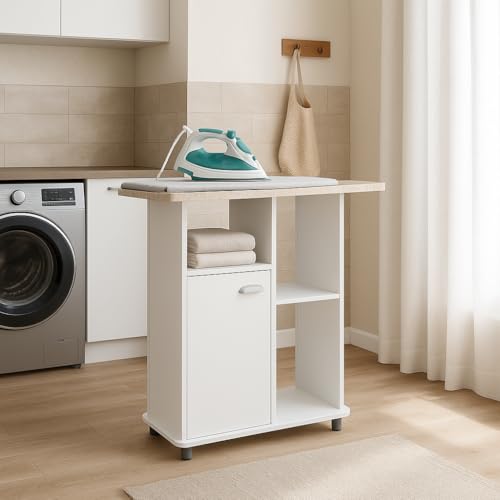 Mueble Planchador Blanco con Tapa Gris Grafito – 90x36,5x91 cm – Armario con Balda Interior y Tiradores en Gris Plata – Diseño Moderno y Funcional