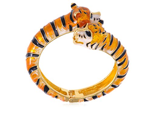 Alilang Golden Toned Enamel Stripe Interlocking Double Headed Twin Tiger Cuff Bangle Bracelet