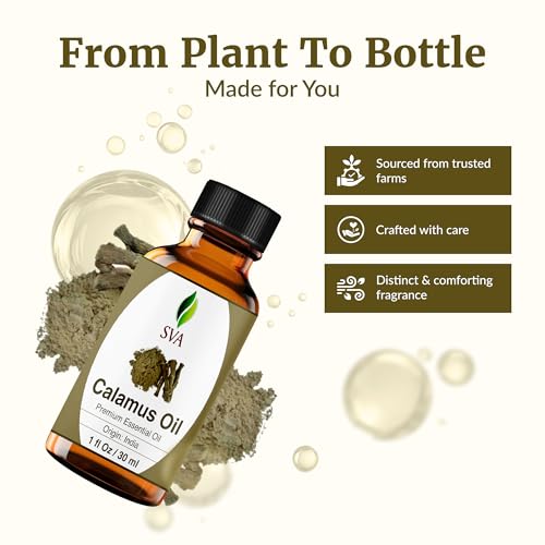 Image of SVA Calamus Essential Oil - 1 Fl Oz - 100% Natural Calamus Oil - for Diffuser, Hair Care, Face, Skin Care, Aromatherapy, Scalp and Body Massage, Soap and Candle Making - with Dropper