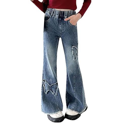 Girls Flared Jeans Elastic Waist Wide Leg Kids Denim Pants with Pockets Outdoor Activities Beach Vacations