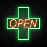 20 inch Medical Cross Dispensary Sign OPEN Neon Light for Business, Hanging Ultra Bright LED Open Neon Signs for Pharmacy, Advertising Display Sign for Drug Store, Storefront Window Decor-Green&Orange