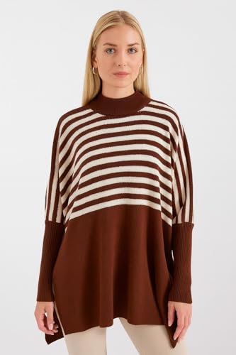 Image of Women's Crew Neck Batwing Sleeve Split Hem Oversized Knit Poncho Sweater