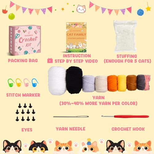 Image of MAGIMUSE Crochet Kit for Beginners, 5 Cat Crochet Amigurumi Craft Kit | Includes Step-by-Step Video Tutorials, 40% More Yarn and DIY Crochet & Knitting Supplies for Beginner Animal Projects.