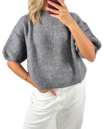 Y2K Short Sleeve Sweater for Women Crew Neck Loose Fit Pullover Knit Tee Tops 2024 Fall Trendy Knitted T Shirt Blouse