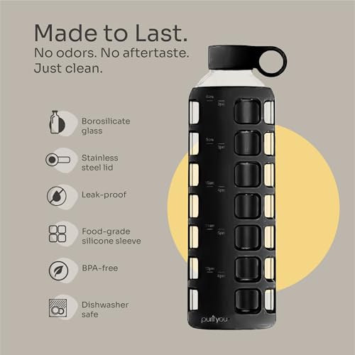 Image of purifyou 40oz / 32oz / 22oz / 12oz Borosilicate Glass Water Bottle with Time & Volume Markers, Silicone Sleeve, Stainless Steel Lid | Reusable Glass Bottle for Water & Juice (32oz Jet Black)