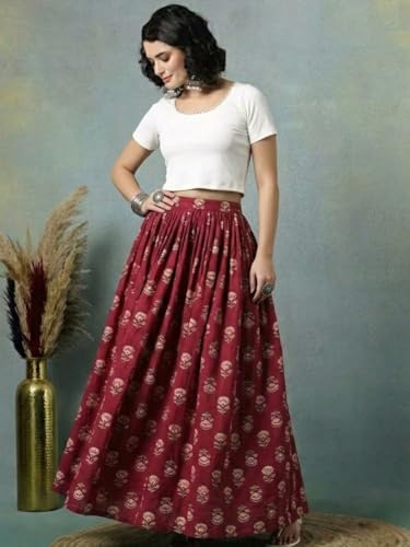 Image of Women's Floral Print Maxi Skirt, Maroon Red, 100% Pure Cotton, Elastic Waist, Full Length, Breathable Fabric