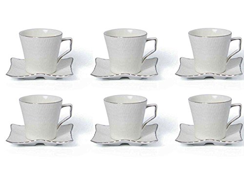 Fine Bone China Porcelain Coffee Espresso Set White whith Platinum Edge 2.8 Ounce, Set of 6 Espresso Cups and Saucers