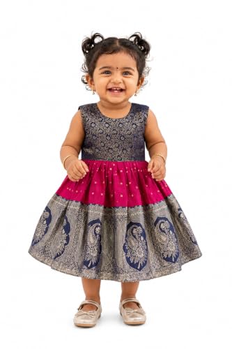Image of South Indian Traditional Pattu Pavadai Jacquard Frock Dress for Baby Girls