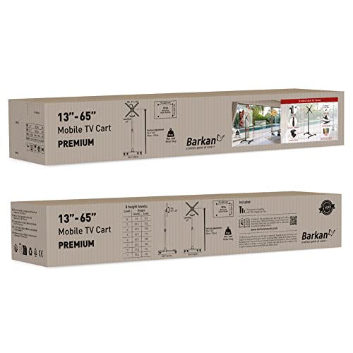 Barkan Mobile Tv Cart 13-65 Inch Tilt And Height Adjustment Stand, Holds Up To 80 Lbs, Glossy Finish, Lockable Wheels, 5 Year Warranty, Rolling Trolley, Fits Led Oled Lcd, Black #TOP4