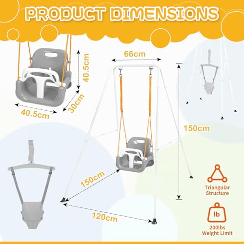 LIODUX 4-in-1 Baby Swing Set and Jumper, Heavy Duty Kids Swing Stand, Foldable Metal Porch Swings Stand, Maximum Weight 90KG, Easy to Assemble, Kids Bouncer for Indoor & Outdoor Playground (Grey)