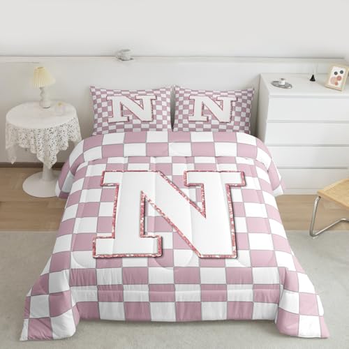 Image of Erosebridal Pink Initial N Kids Comforter Sets Kawaii Plaid Checkered Queen Bedding Set for Girls Teen Women Cute Personalized Monogram Comforter Set,Fashion Grids Gingham Quilt Duvet 3 Pcs
