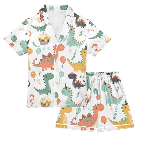ALAZA Cute Dinosaur Balloon Leaf Satin Pajamas Set Short Sleeve Button Down Sleepwear Summer Pjs 2 Piece