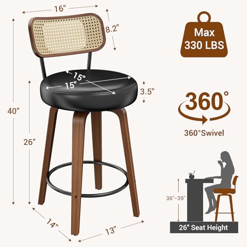 Image of YaFiti Swivel Bar Stools Set of 4, 26 inch Upholstered Barstools with Rattan Backs and Wood Legs, Modern PU Leather Counter Height Bar Chairs for Kitchen Island, Black