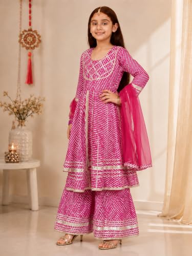 Image of Preneum Girl's Cotton Rayon Bandhani & Lahariya Printed Angrakha Kurta with Sharara & Dupatta