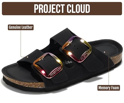 Image of Project Cloud 100% Genuine Leather Footbed Sandals for Women 2026 Comfortable Beach Essentials Womens Sandals Memory Foam Vacation Essentials Slides for Women Footwear (Santorini)