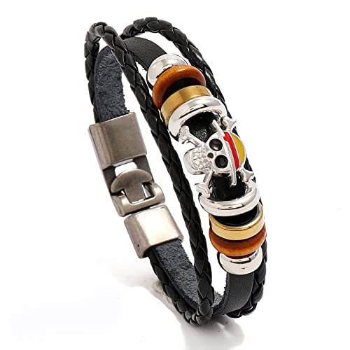 Punk Piece Skull Leather Bracelets for Men, Anime Style Black Braided Bracelets Luffy Handmade Jewelry Wristband Strand Evil Eye Bracelets Halloween Gifts
