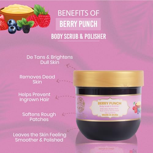 Image of RYLLZ ESSENTIALS Berry Punch Body Scrub & Polisher | with AHA, Walnut Shell, Kojic Acid, Niacinamide & Glycolic Acid | for Dead Skin Cells, Ingrown Hair & Skin Feeling Smoother /Polished | 200 ml
