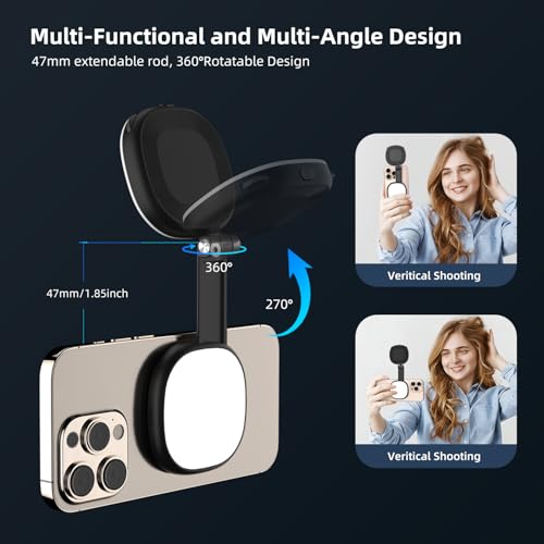Image of Celfiexpt Magnetic Selfie Light with Mirror for iPhone & Android, Rechargeable LED Ring Light, CRI95+, 360 Rotation, Foldable Phone Fill Light for Selfies, Zoom & Vlogging (Black)