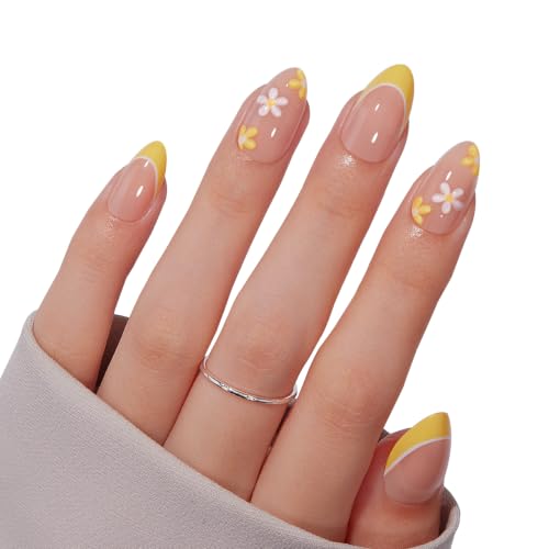 VSALON Press on Nails Short Almond - French Tip Lemon Yellow 3D Flower