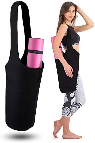 Zenifit Yoga Mat Bag - Long Tote with Pockets - Holds More Yoga Accessories. Cute Yoga Mat Holder with Bonus Yoga Mat Strap Elastics. Stylish and Practical Yoga Mat Bags and Carriers for Women (Black)