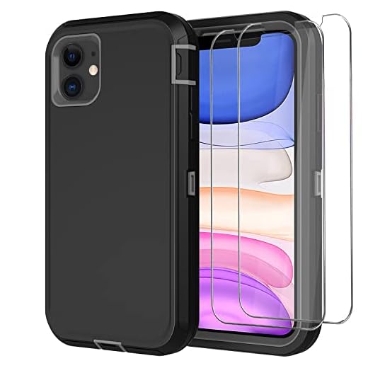 for iPhone 11 Case with 2 x Screen Protector, Heavy Duty Shockproof/Drop Proof/Dust Proof 3-Layer Military Protection Full Body Rugged Defender Durable Cover for Apple iPhone 11 ((Black & Gray))