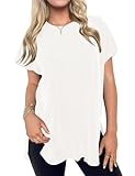 Poetsky Womens Side Slit Long T Shirt to Wear with Leggings Crew Neck Solid Casual Tunic Tops White