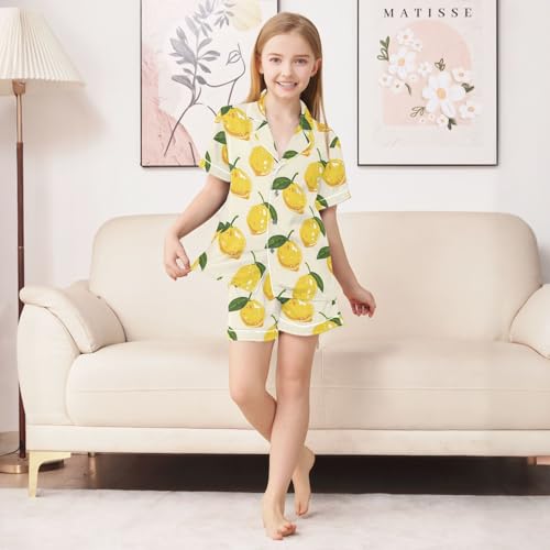 ALAZA Yellow Lemon Leaf Satin Pajamas Set Short Sleeve Button Down Sleepwear Summer Pjs 2 Piece3