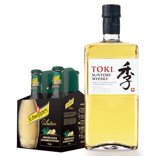 Suntory Toki - Whisky Japones 43%, Botella de 700 ml + Schweppes Selection Ginger Ale, Bebida Jengibre Refrescante - Vidrio, Pack 4x20cl