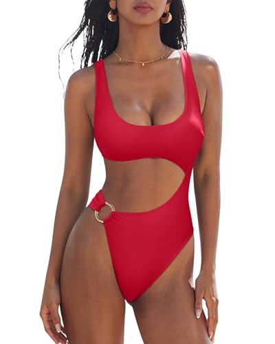 SUUKSESS Women Sexy One Piece Tummy Control Swimsuit Cutout Backless Slimming Swimwear 2025 Cheeky Side O-Ring Bathing Suit (Red,Large)