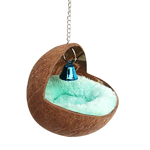 Casa de pájaros de concha de coco natural con almohadilla cálida, acogedora cama nido para loro, periquito, cacatúa, conure, canario, pinzón, paloma, ratón, jerbo, ratón, juguete alimentador de jaula