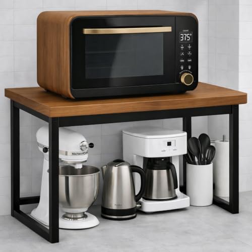 Image of MTANK Kitchen Countertop Organizer Rack for Microwave, Toaster & Jars - Sturdy Wooden & Metal Frame Stand with Storage Shelf | Large Spice Rack Storage Counter Shelf-Black Microwave Stand | (Brown)
