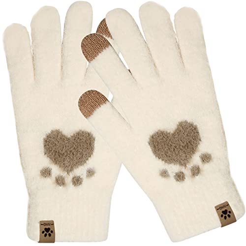AKOFIC Winter Handschuhe Damen, Winterhandschuhe Touchscreen Handschuhe Strick Plüsch Fingerhandschuhe, Niedlich Katze Klaue Winddicht Winter Warme Handschuhe für Damen Mädchen Skifahren Sport Fahren
