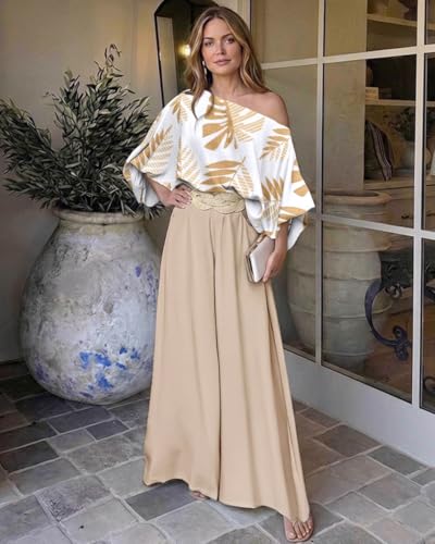 Image of CHICME Women Summer 2 Piece Outfits Off Shoulder Top Flowy Wide Leg Pants Set Vacation Travel Airport Outfits
