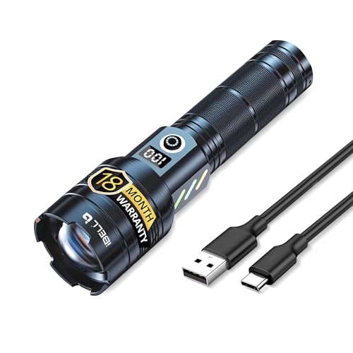 Image of IBELL FL8498S Torch, High Power Rechargeable LED Torch Light, Long Range Flashlight with LCD Power Display & Zoom Focus, Heavy-Duty Build for Outdoor & Emergency Use (Black)