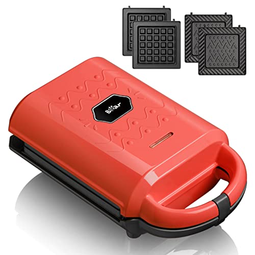 Bear Waffle Maker, 2-in-1 Sandwich Maker with Removable Plates, Small Belgian Waffle Maker with 9.3x5.8x3.6in, for Individuals or Family, 2 Sets of Non-Stick Plates Easily Wipe Clean and Storage, Red