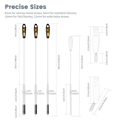 Image of 15 Inch Extra Long Black Straw Cleaner Brush Set,5PCS for 20-40oz Stanley | 4 Straw Brushes:6 /8 /10 /12mm plus 3-in-1 Cup Lid Brush,Heavy-Duty Cleaning Brush for Owala,Yeti,Tumblers and Reusable Straws