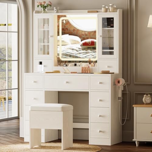 Vanity Desk with Mirror and LED Lights, Makeup Vanity Desk with Charging Station and Cushioned Stool, White