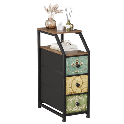 VEDECASA Commode avec 3 tiroirs, commode étroite en tissu, armoire de rangement avec motif rétro et plateau en bois, commode pour chambre à coucher,...