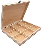 Herausnehmbares Gitter: In der Holzschatulle befindet sich außerdem ein herausnehmbares Gitter, dass in neun Fächer unterteilt ist. Die Maße je Fach betragen ca. 8 x 6,6 x 1,7 cm.