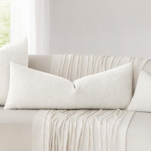 Image of Foindtower Decorative Textured Boucle Throw Pillow Covers Accent Solid Pillow Cases Neutral Long Body Lumbar Couch Cushion Case for Chair Sofa Bedroom Living Room Home Decor 14x36 Inch,1PC,White
