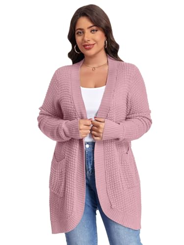 Image of LARACE Long Cardigans for Women Plus Size Tops Open Front Sweaters with Pockets Waffle Ribbed Sleeve Loose Fall Outwear