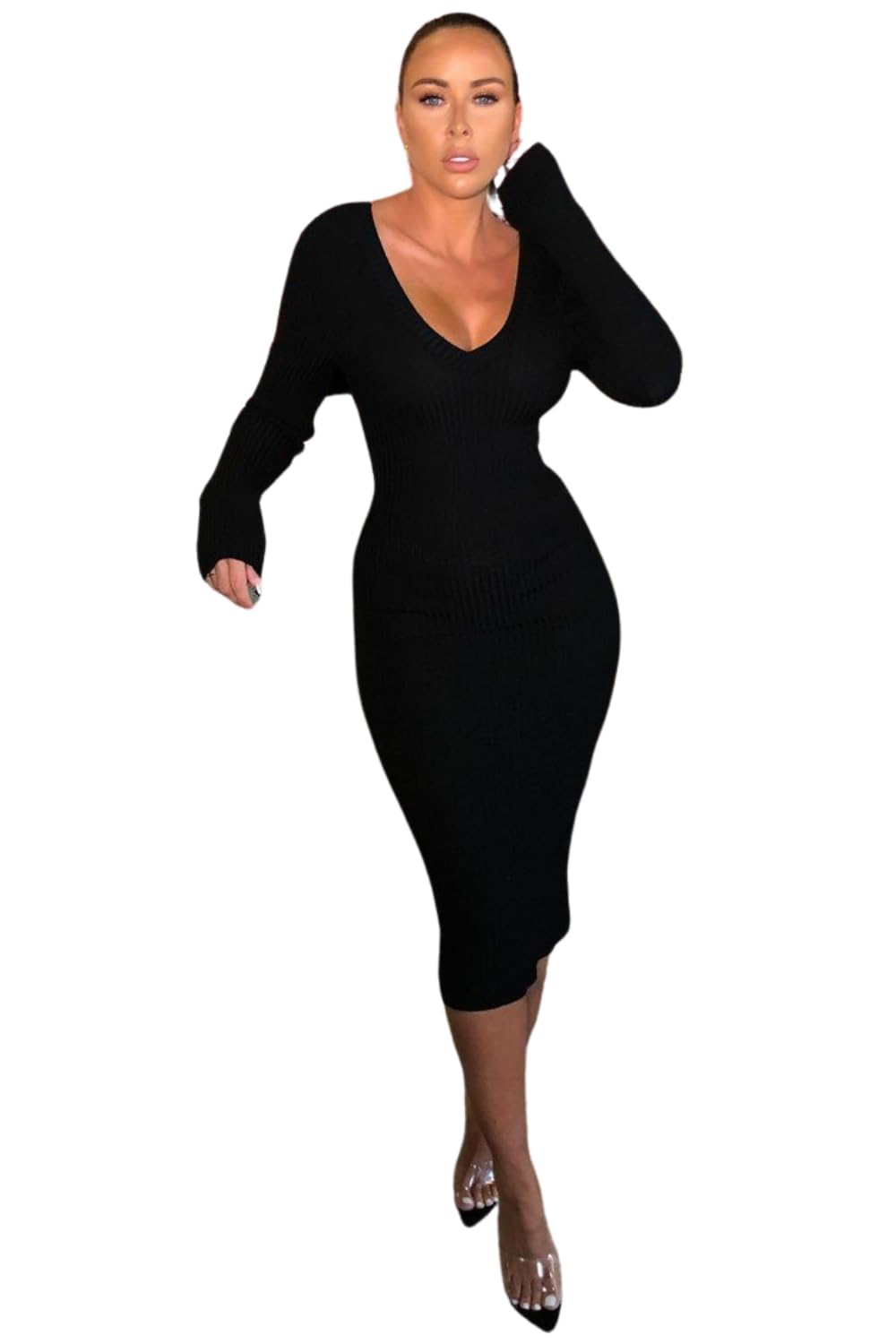 Femme Luxe Ribbed V Neck Midi Jumper Dress - Ivy - Black - 8/10