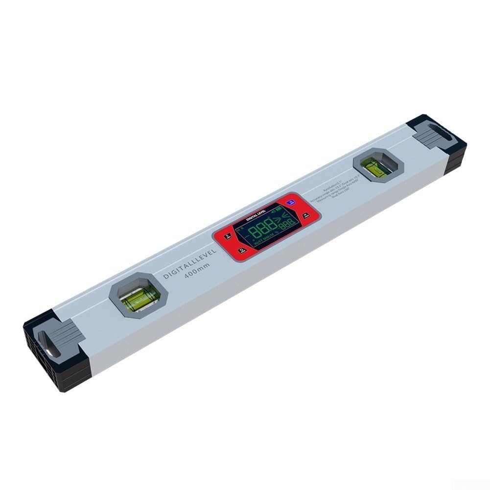 Nivel digital 400 mm con pantalla digital, inclinómetro biaxial y base magnética, notificación acústica a 0°/30°/45°/60°/90°, superficies metálicas, para mediciones precisas de ángulo