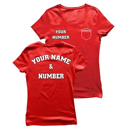 lepni.me Maillot de Football pour Femme du Maroc avec Votre Nom Numéro | Insigne de Drapeau Marocain Personnalisé | Coupe du Monde 2022 (L Rouge Multicolore)